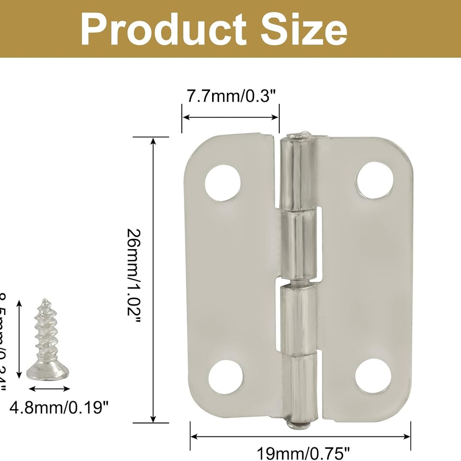 Murtenze Mini Silver Butt Hinges, 24 Pack, detail view