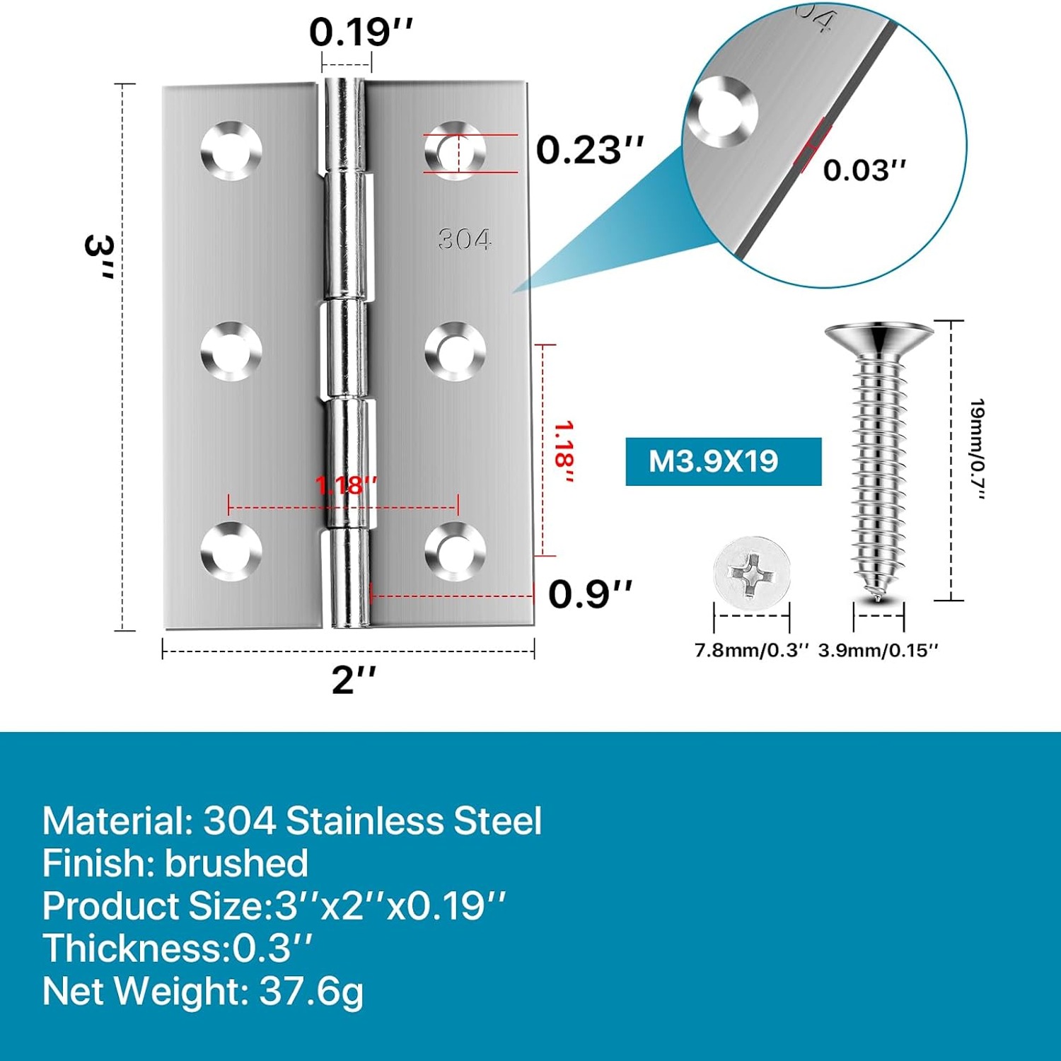 QANQIUPLE 3 Inch Stainless Steel Butt Hinges, detail view
